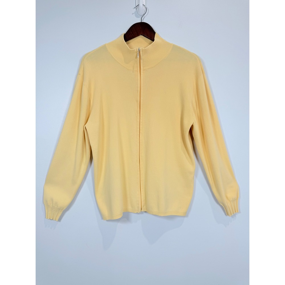 Chicos Yellow Full Zip Sweater Mock Neck Ribbed Knit Size 2 L Rayon Nylon Blend